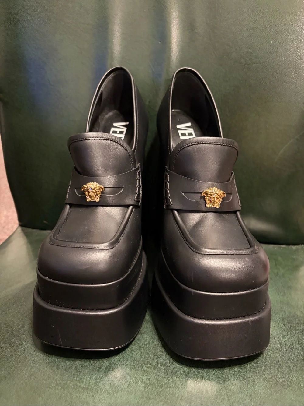 Versace Black Platform Loafers with Gold Medusa Accent